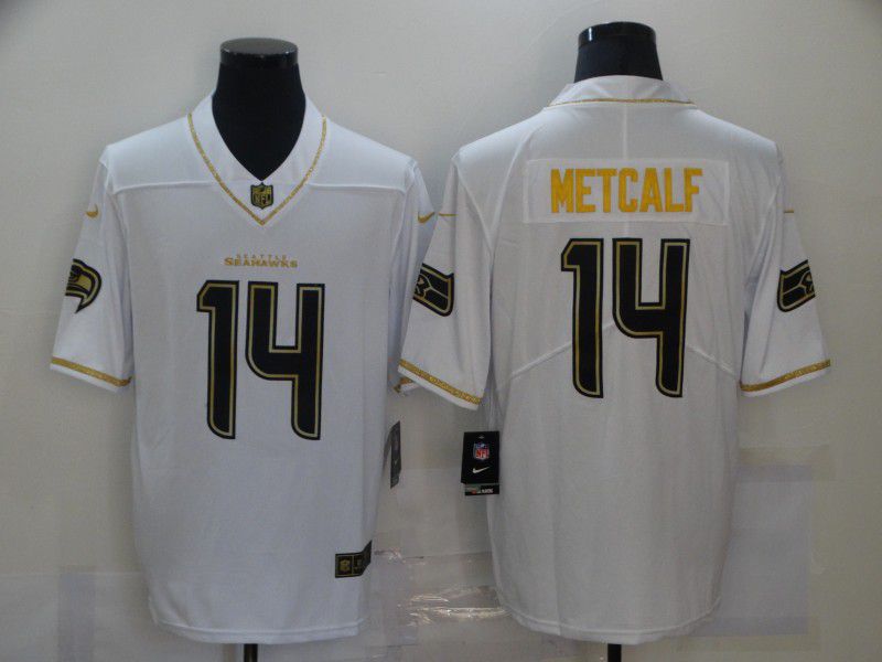 Men Seattle Seahawks #14 Metcalf White Retro Gold Lettering 2020 Nike NFL Jersey->women nfl jersey->Women Jersey